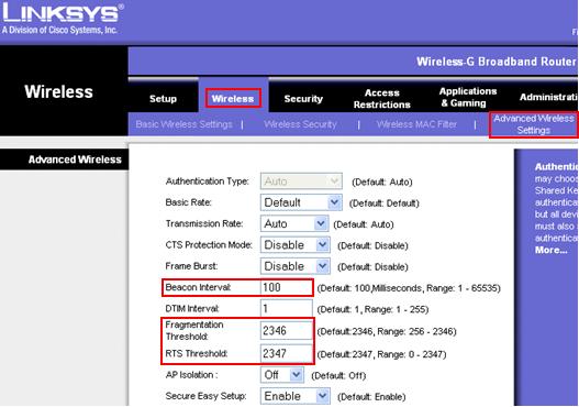 Linksys router advanced wireless settings