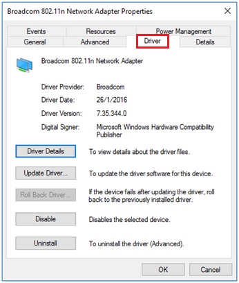 Windows 10 wireless adapter driver properties