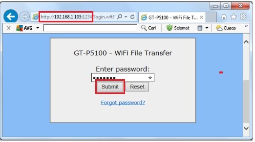 Key in Wifi File Transfer password