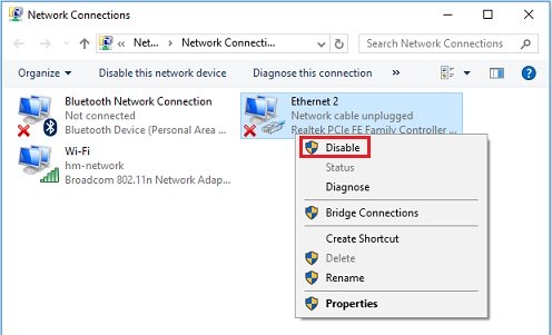 Windows 10 disable wired network adapter