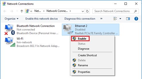 Windows10 enable wired network adapter