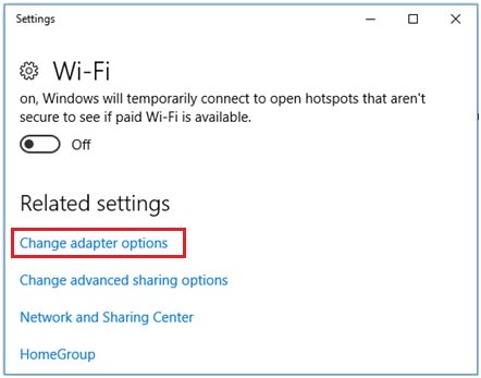change network adapter options in Windows 10