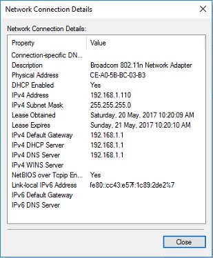 network connection details in Windows 10