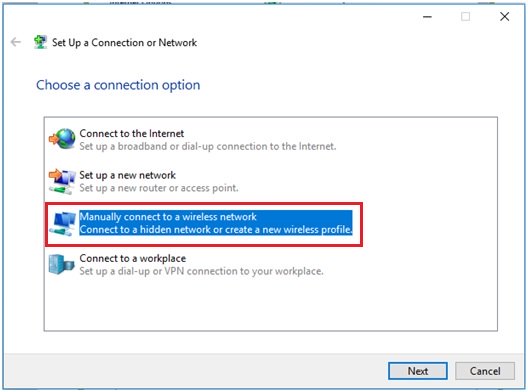manually connect to a wireless network in Windows 10