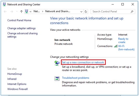 Windows 10 - set up a new connection or network