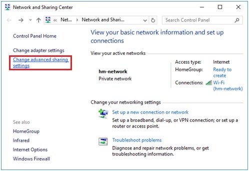 Windows 10 Advanced Sharing settings